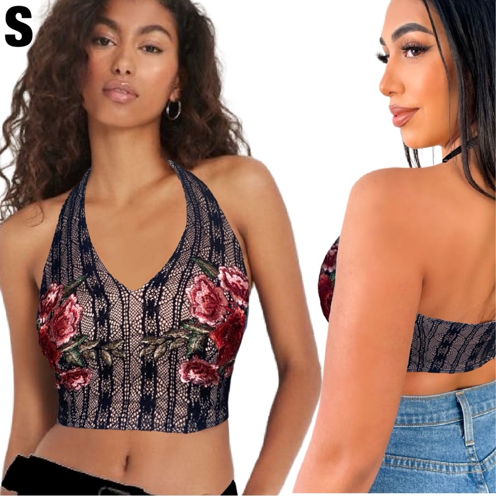 NWOT Lace Overlay Cropped Halter Top w Floral Patches - Zips Up the Back Size S